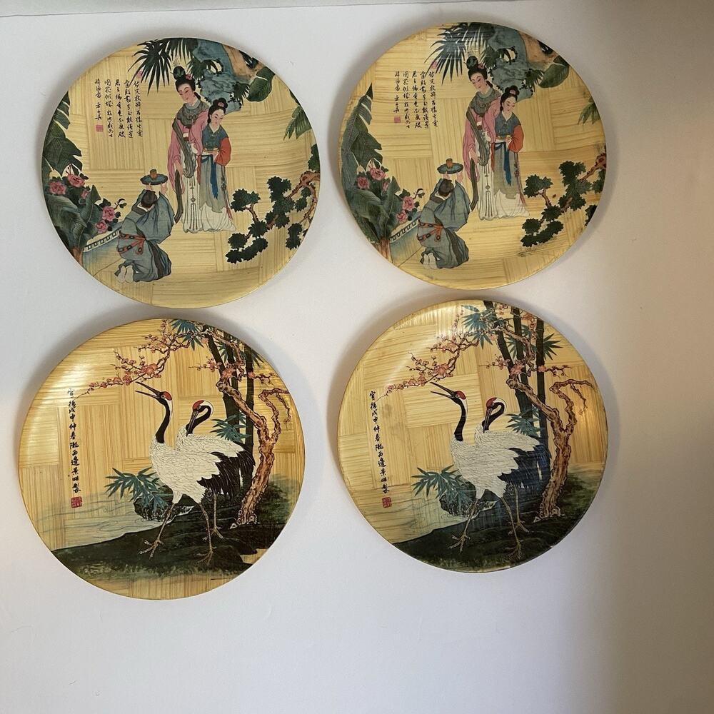 Bamboo, 4 Piece, Small Plates The Tipsy Dancer And Pine Crane, Asian Decor
